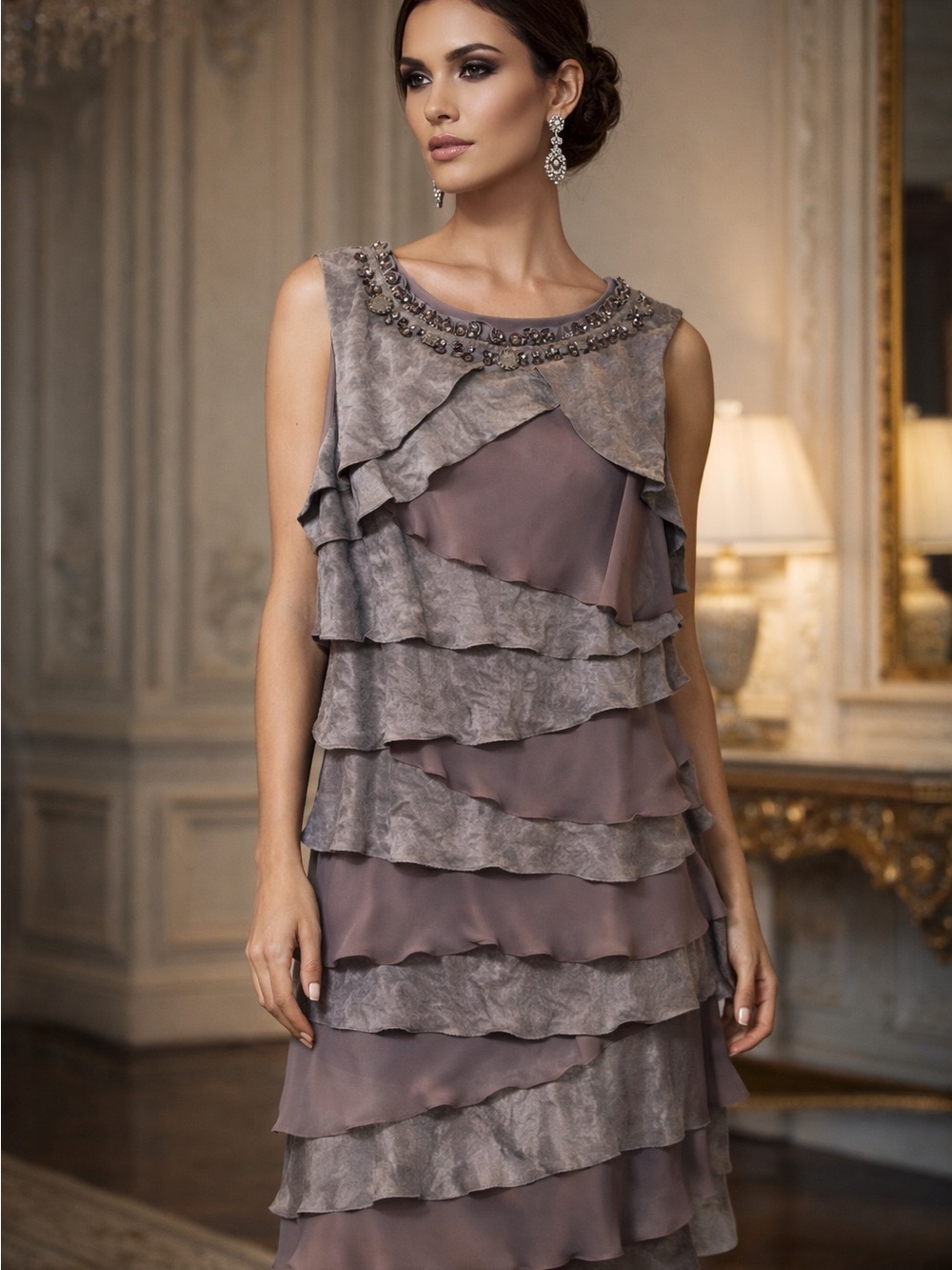 Collection dressbarn Taupe & Olive Ruffle Midi Dress with Beaded Neckline 24W